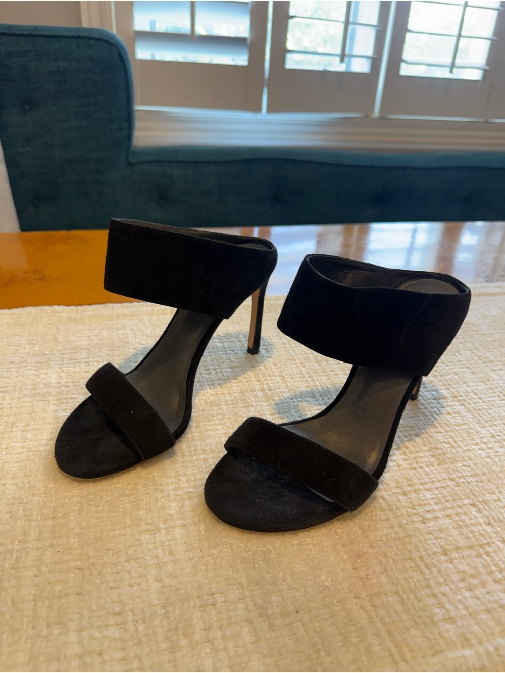 Stuart Weitzman Black Suede Wide Cuff Open-Toe Heels